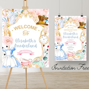 Cyfrowy znak powitalny Alicji w Krainie Czarów na zewnątrz, cyfrowy znak Alicji na urodziny w Onederland, znak Whimsical Mad Tea Party, znak na pierwsze urodziny