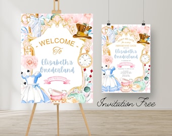 Letrero digital de bienvenida para exteriores de Alicia en el país de las maravillas, letrero digital de cumpleaños de Alicia en el país de las maravillas, letrero caprichoso de fiesta de té loco, letrero de primer cumpleaños