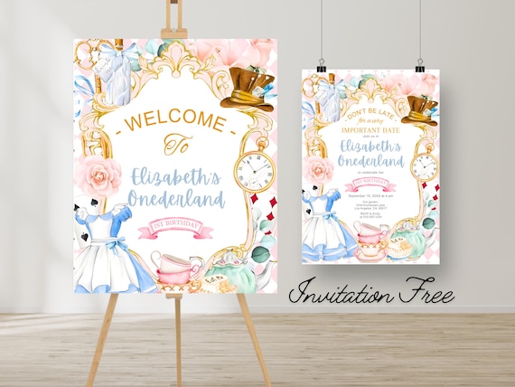 Digital Alice in Wonderland Outdoor Welcome Sign ,digital Alice Sign onederland birthday, Whimsical Mad Tea Party Sign ,1st Birthday Sign