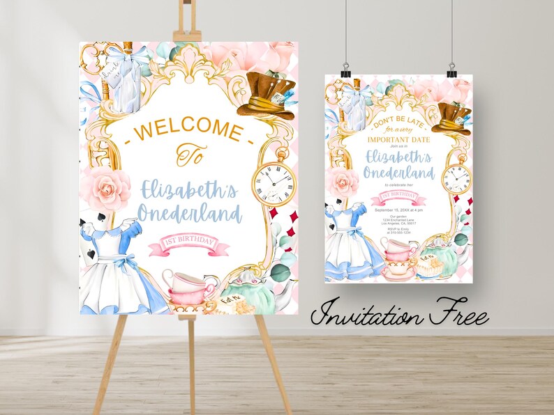 Digital Alice in Wonderland Outdoor Welcome Sign ,digital Alice Sign onederland birthday, Whimsical Mad Tea Party Sign ,1st Birthday Sign