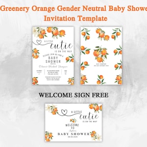 Editable A Little Cutie is on the Way Greenery Orange Gender Neutral Couples Baby Shower Invitation Invites Template Instant Download 248V1