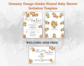 Editable A Little Cutie is on the Way Greenery Orange Gender Neutral Couples Baby Shower Invitation Invites Template Instant Download 248V1