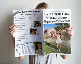 May include: A birthday newspaper titled "The Birthday Times" for a Sweet Sixteen celebration. The announcement features photos, a timeline, and a word search. A young woman holds a large balloon with the number 16.