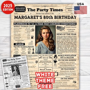 Afiche de periódico del 80.° cumpleaños de 1945, regalo del 80.° cumpleaños para hombres y mujeres, decoraciones del 80.° cumpleaños, regalo del 80.° cumpleaños para él o ella