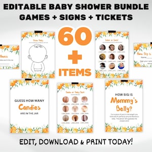 Little Cutie Orange Baby Shower Spiele Bundle, bearbeitbare Babyparty Little Cutie Shower, Citrus Babyparty Aktivitäten, Orange Baby Shower