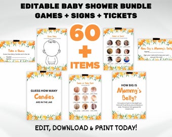 Little Cutie Orange Baby Shower Spiele Bundle, bearbeitbare Babyparty Little Cutie Shower, Citrus Babyparty Aktivitäten, Orange Baby Shower