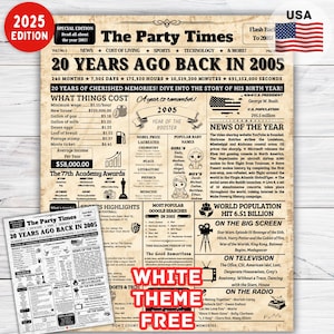 20th Birthday Gift ,20th Birthday Newspaper Sign back in 2005 Highlights, 20th Birthday Gift for Girl/Boy ,20 years ago Born in 2005 Poster