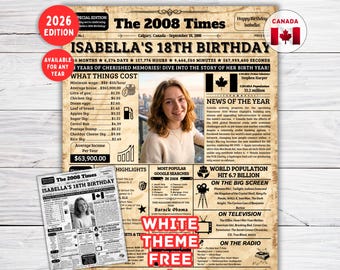 Canada 18th Birthday Newspaper Poster , 18th Birthday Newspaper Poster , 18th birthday Gift ,18th Birthday Decorations ,Born in 2008