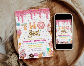 Donut Two Sweet Birthday Invitation , Donut 2nd Birthday Invite , Printable Candy & Ice Cream Invitation , Donut 2nd Birthday Girl Invite