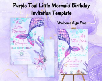 Unter dem Meer Meerjungfrau einladen, lila Meerjungfrau-Geburtstags-Einladung, Mermaid Bash unter dem Meer-Geburtstags-Einladung, Mermaid lädt ein, Canva einladen