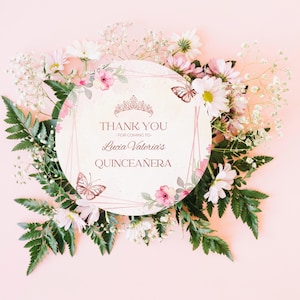 Blush Pink Quinceañera Thank You Gift Tag | Editable Rose Gold Round Quinceañera Favor Tag | Mis Quince Años 15th Birthday Decorations 01