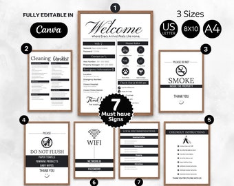 Pacote de placas do Airbnb: boas-vindas, Wi-Fi, lista de verificação de limpeza (modelo do Canvas)