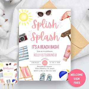 Splish splash invite,Beach Birthday Party,Swim Party Invite, Boys Beach Bash, Kids Tropical Summer Outdoor Invite,Surf Beach Birthday Bash