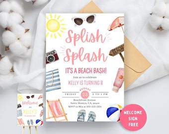 Invitation splash, fête d'anniversaire sur la plage, invitation à une fête de la natation, fête de plage pour garçons, invitation extérieure d'été tropical pour enfants, fête d'anniversaire de plage de surf
