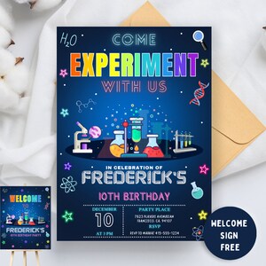 May include: A blue and neon-colored invitation for a 10th birthday party with a science theme. The invitation features a microscope, beakers, and test tubes. The text reads "Come Experiment With Us" and "In Celebration of Frederick's 10th Birthday".