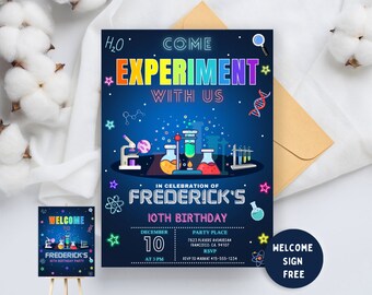 May include: A blue and neon-colored invitation for a 10th birthday party with a science theme. The invitation features a microscope, beakers, and test tubes. The text reads "Come Experiment With Us" and "In Celebration of Frederick's 10th Birthday".
