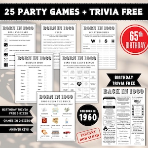 65th Birthday Party Games Bundle | Born in 1960 Games | 65th Birthday Games Bundle & Back in 1960 Trivia Fun Facts for Party Decorations