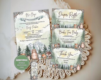 May include: Woodland themed baby shower invitation set with a watercolor background. The invitation features a bear, fox, and other woodland creatures. The cards include a diaper raffle, books for baby, and a thank you card.