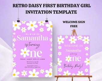 Daisy 1st Birthday Invitation, First Birthday Girl Invitation, Retro Daisy Invitation, Boho Birthday Invite Template, Daisy Birthday Party