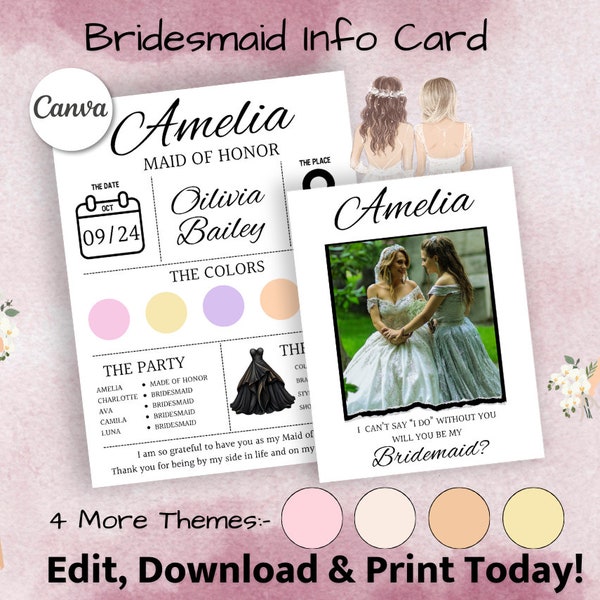 Bridesmaid Info Card Template, Bridesmaid Information Card, Bridal Party Info Card, Bridesmaid Infographic, Bridesmaid Proposal Card