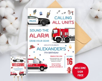 Emergency Vehicles Birthday Invitation, fire truck birthday,EDITABLE First Responders Party, Police Officer,Firefighter ambulance invitation