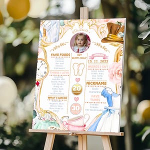 Letrero de hito del primer cumpleaños de Alicia en Onederland, póster imprimible del hito del primer año del bebé, tablero editable del hito del primer cumpleaños.