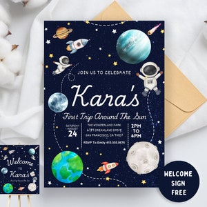 EDITABLE First Trip Around the Sun Outer Space First Birthday Invitation Templates ,Digital Download,space themed party,Space Invitation