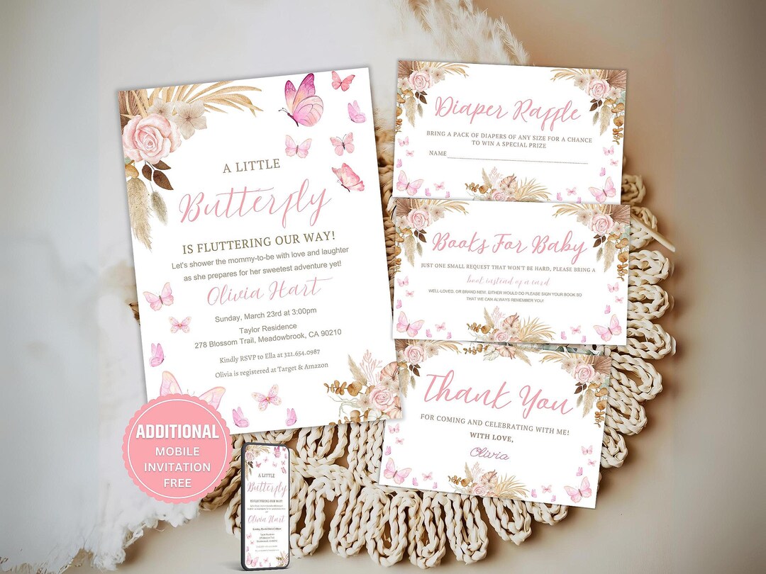 Boho Butterfly Baby Shower Invitation Bundle – Pink Butterfly Baby ...