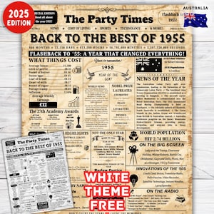 1955 AUSTRALI, 70e verjaardag krantenafdruk, 70e verjaardagscadeau, geboren in 1955 verjaardagsposter 70 jaar geleden terug in 1955, Australische feiten