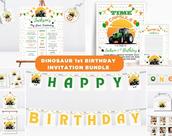 Green Tractor 1st Birthday Boy Invitation Bundle , Tractor Theme Birthday Invite , Farm Birthday Party |Green Yellow Tractor Party Kit Decor