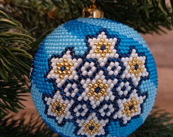 Christmas ball Christmas tree bauble Blue Star Christmas decor X-mas Ornaments Xmas decorations Xmas bugle crochet from glass bead