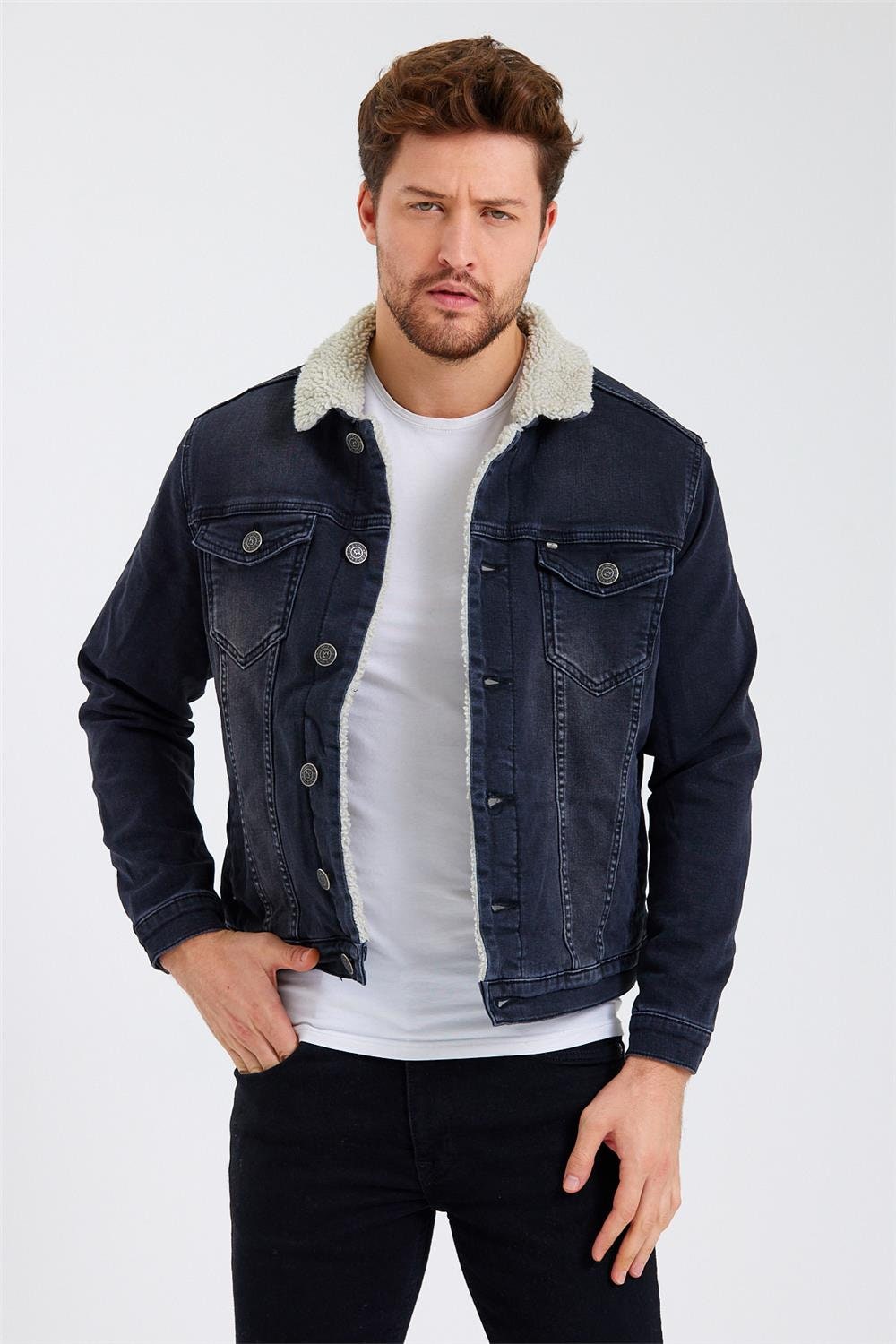 Men'S Fleece Lined Denim Jacket With Fur Collar | SHEIN