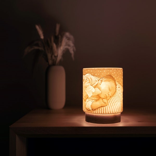 Personalisierte 3D Druck Foto Lampe | minimalistisches Design mit Echtholz | Individuelle Erinnerung + Geschenk