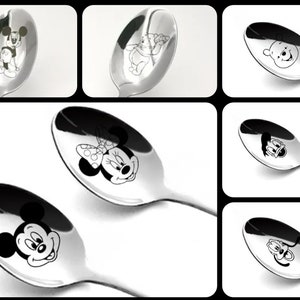Disney Lasered Cutlery • Mickey Mouse, Minnie Mouse, Donal Duck, Goofy, Winnie the Pooh • Silver Long Handled Teaspoons •