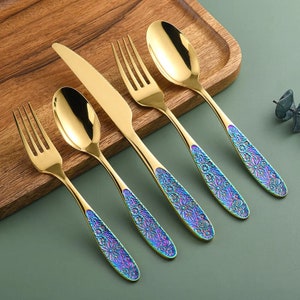 Beautiful Double Coloured Flower Carved Handles Cutlery Flatware Set • Black, Gold & Rainbow  • Sets of 5 •