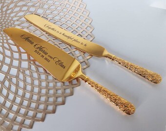 Custom Engraved Wedding Cake Knife & Serving Set • Gold Plated • Personalised Engraving • Hearts, Feather or Leaves Set •