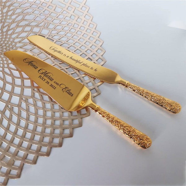 Custom Engraved Wedding Cake Knife & Serving Set • Gold Plated • Personalised Engraving • Hearts, Feather or Leaves Set •