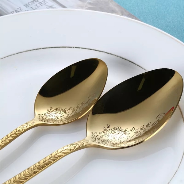 Exquisite Floral Carved Cutlery Flatware Set • Gold, Silver, Rose Gold, Black & Rainbow •