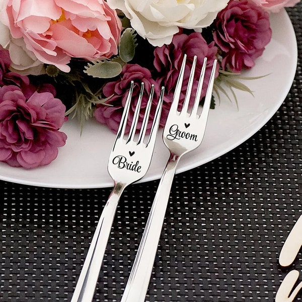 Two Custom Engraved Wedding Forks • Gold, Silver, Rose Gold • Personalised Engraving • I Do Me Too, Wedding Date, Names •