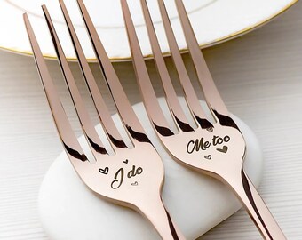 Two Custom Engraved Wedding Forks • Gold, Silver, Rose Gold • Personalised Engraving • I Do Me Too, Wedding Date, Names •