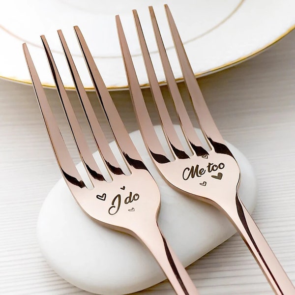 Two Custom Engraved Wedding Forks • Gold, Silver, Rose Gold • Personalised Engraving • I Do Me Too, Wedding Date, Names •
