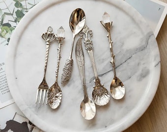 Mini Elvish Stone Feather Vine Spoons & Fork Set of 6 • Gold, Silver, Vintage Gold, Dark Copper •