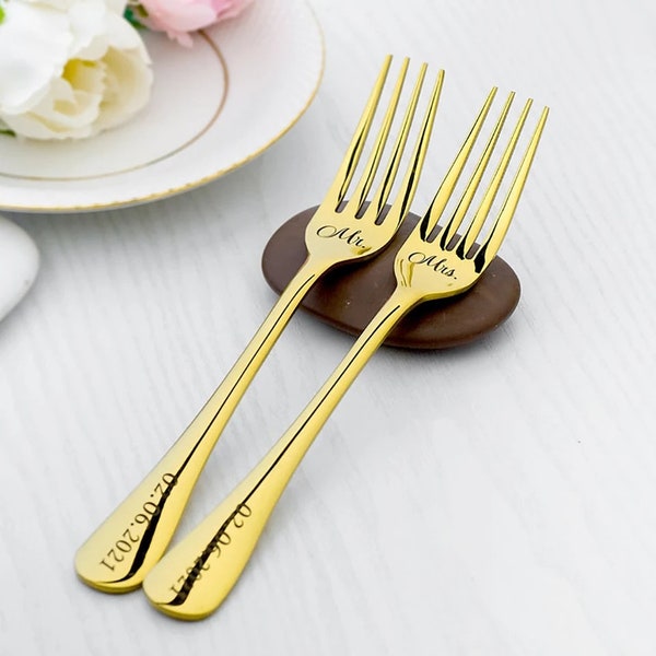 Two Custom Engraved Wedding Forks • Gold, Silver, Rose Gold • Personalised Engraving • I Do Me Too, Wedding Date, Names •