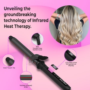 May include: A black curling iron with a red infrared strip and an LCD real-time temperature display showing 350 degrees. Features include a cool touch tip and a 360-degree tangle-free swivel cord. The text reads "Unveiling the groundbreaking technology of Infrared Heat Therapy."