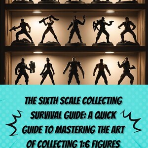 May include: A display case filled with multiple action figures, each in dynamic poses, illuminated by spotlights. The figures are arranged on shelves. The text on the bottom reads "THE SIXTH SCALE COLLECTING SURVIVAL GUIDE: A QUICK GUIDE TO MASTERING THE ART OF COLLECTING 1:6 FIGURES" by Jonathan Padilla.