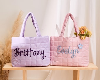 Custom Name Embroidered Quilted Tote Bag, Monogrammed Bridesmaid Proposal Gift, Personalized Shoulder Bag for Bridal Shower & Wedding Party
