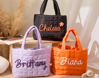 Embroidered Name Quilted Polyester Tote Bag - Personalized Bridal Party Shoulder Bag, Custom Monogram Wedding Weekend & Beach Tote