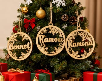 Personalized Christmas Ornament with Name, Custom Laser Cut Wooden Bauble, Family Tree Décor, Holiday Keepsake, Xmas Gift Tags