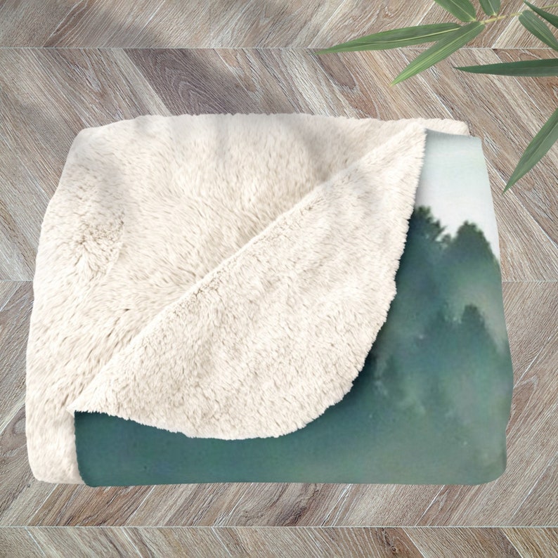 Japandi Style Sherpabacked Fleece Blanket, Misty Forested Mountain
