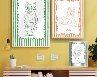 Pet Portrait Funky, Dog Cat, Personalized, Striped, Whimsical, Customized Pet Portrait from Photo